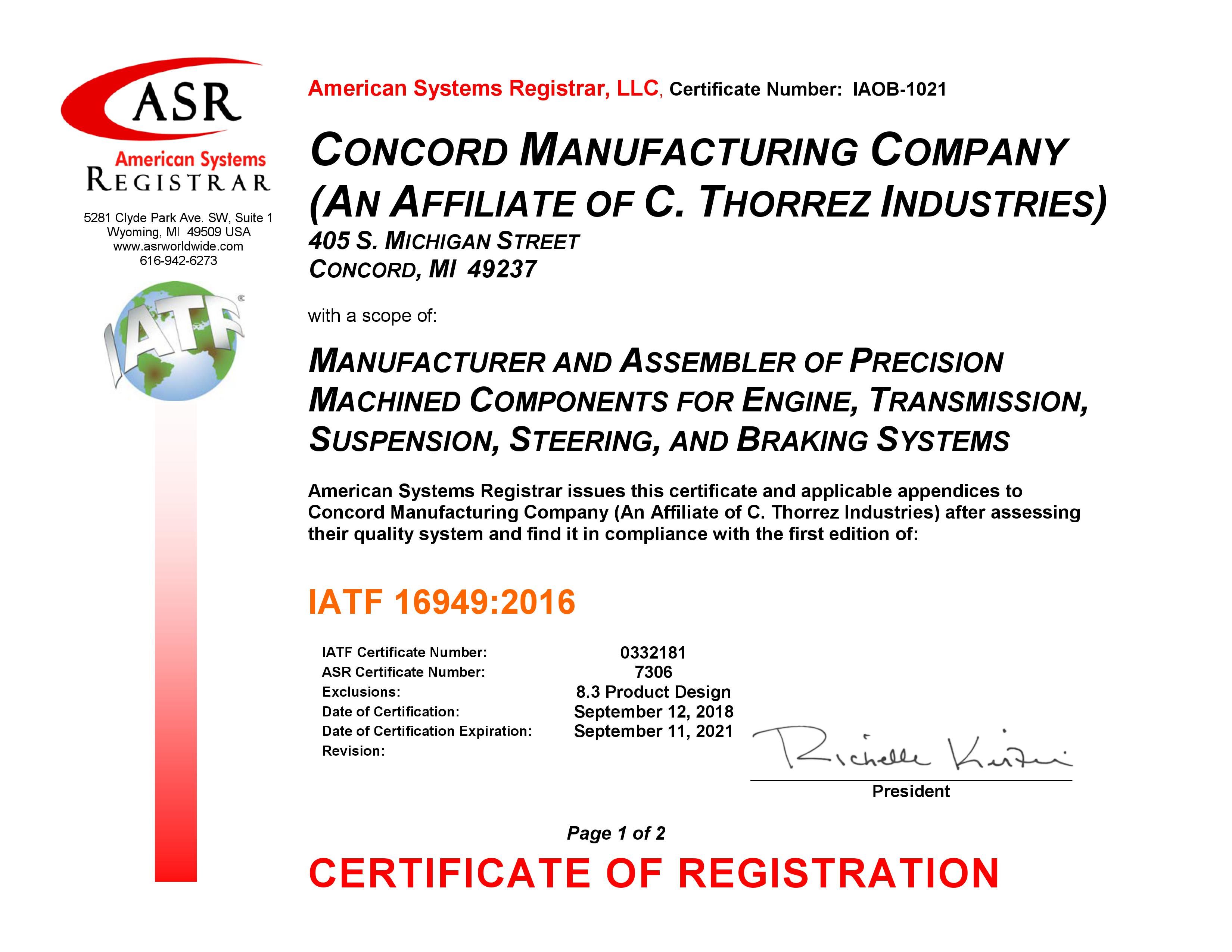 Concord Manufacturing IATF 16949 Certificate Front