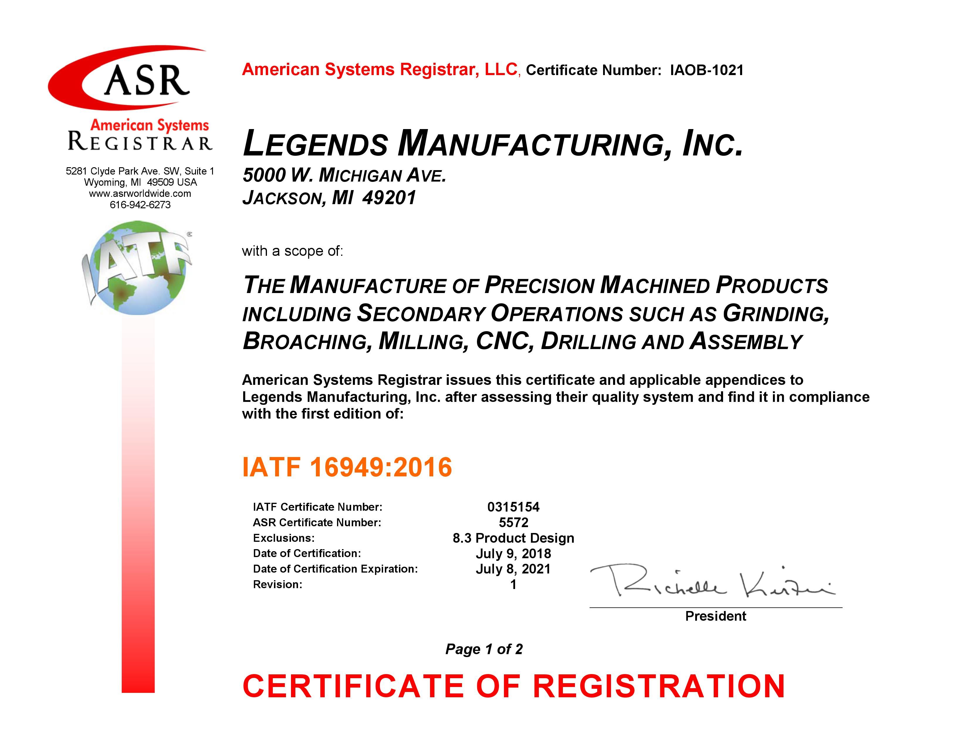 Legends Manufacturing IATF 16949 Certificate Front