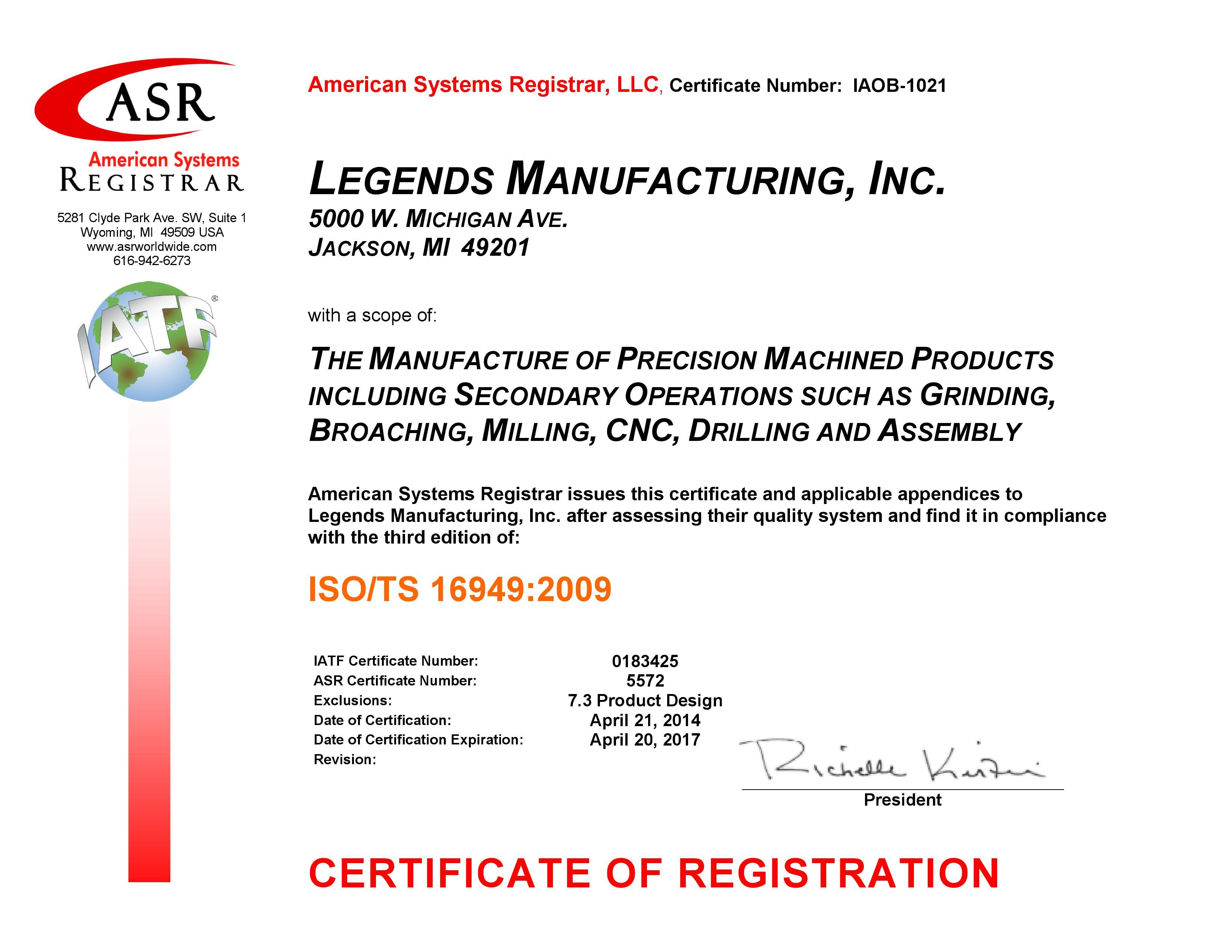Legends Manufacturing ISO/TS 16949 Certificate