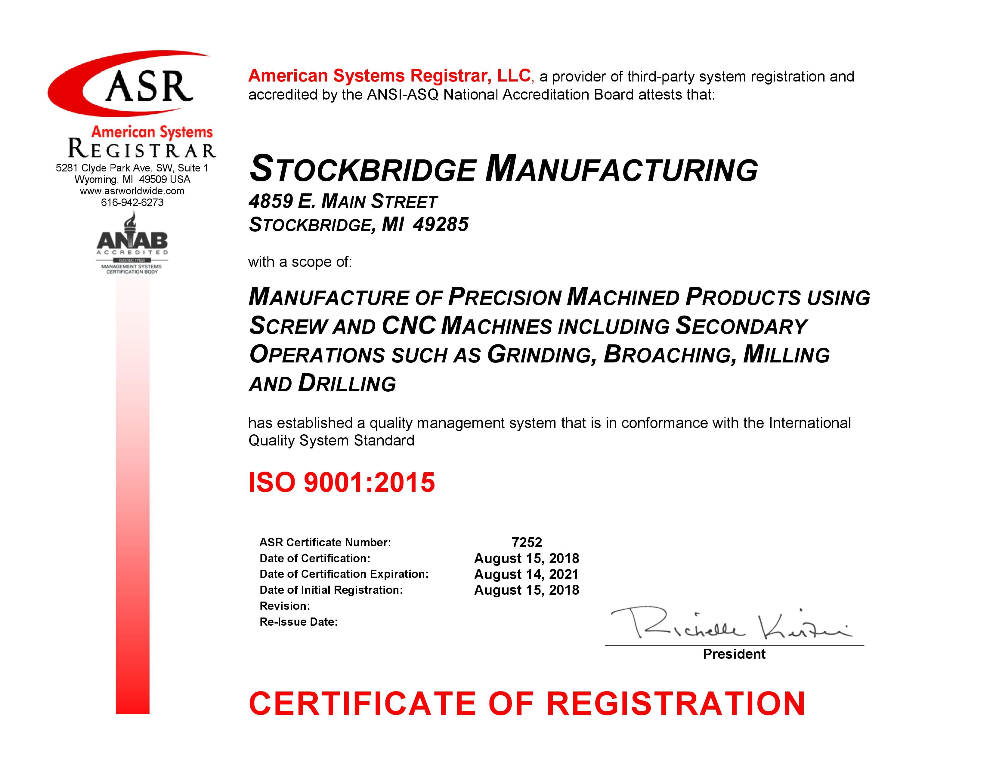 Stockbridge Manufacturing ISO 9001 Certificate